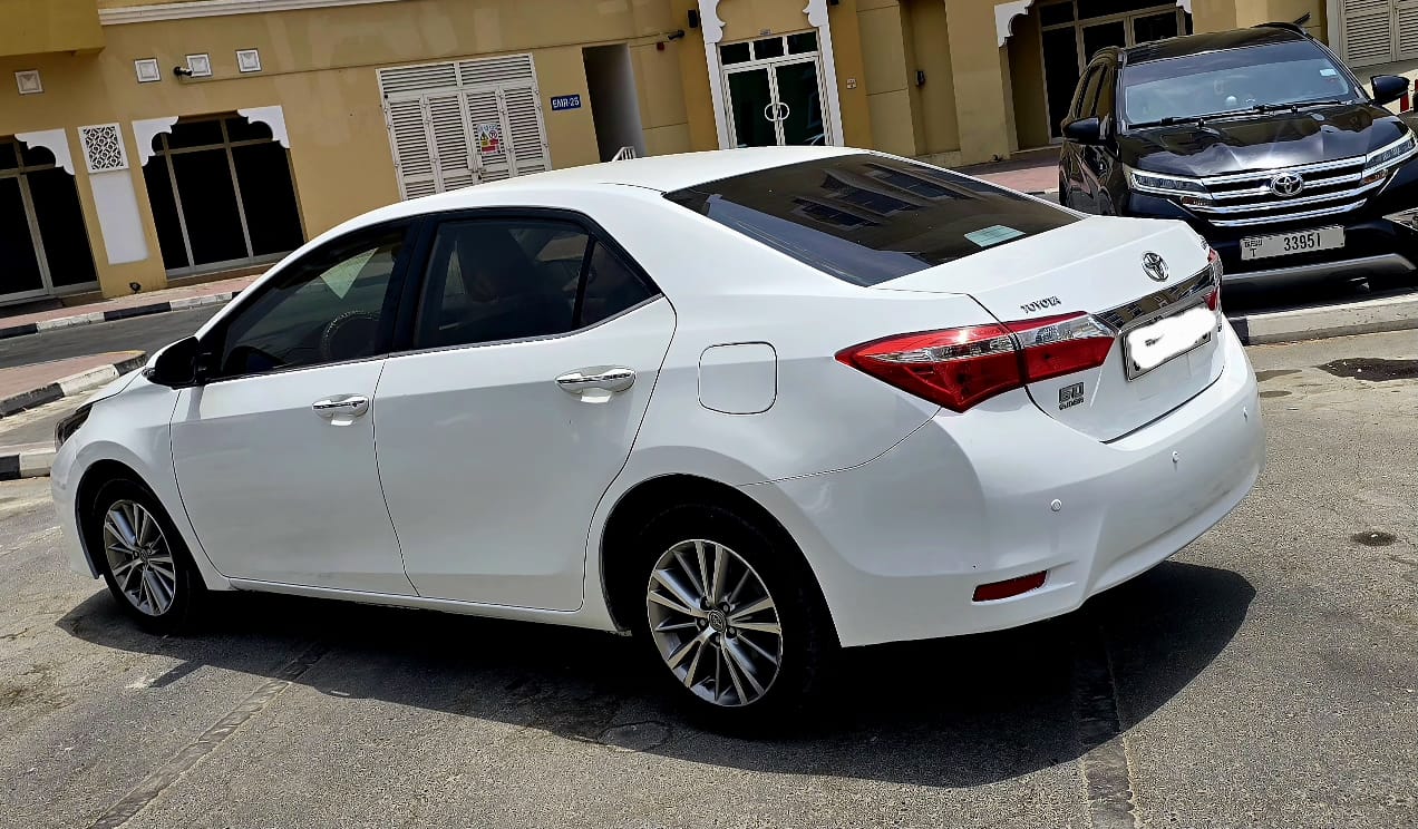 White Toyota Corolla sedan parked, rear view