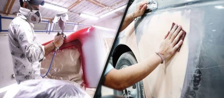 Technician spraying and sanding a car panel in the paint bay